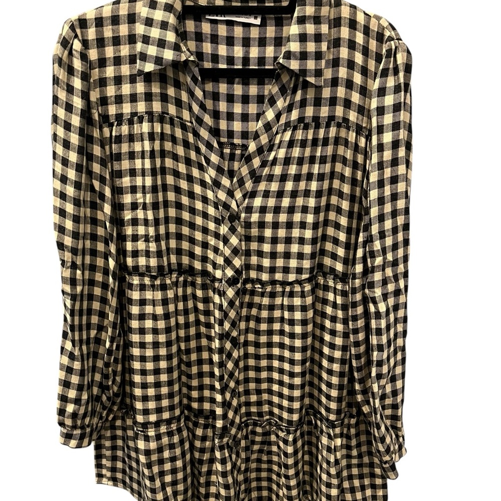 Zara Black and Cream Checkered Long Sleeve Dress Size Large Plaid Casual Women’s